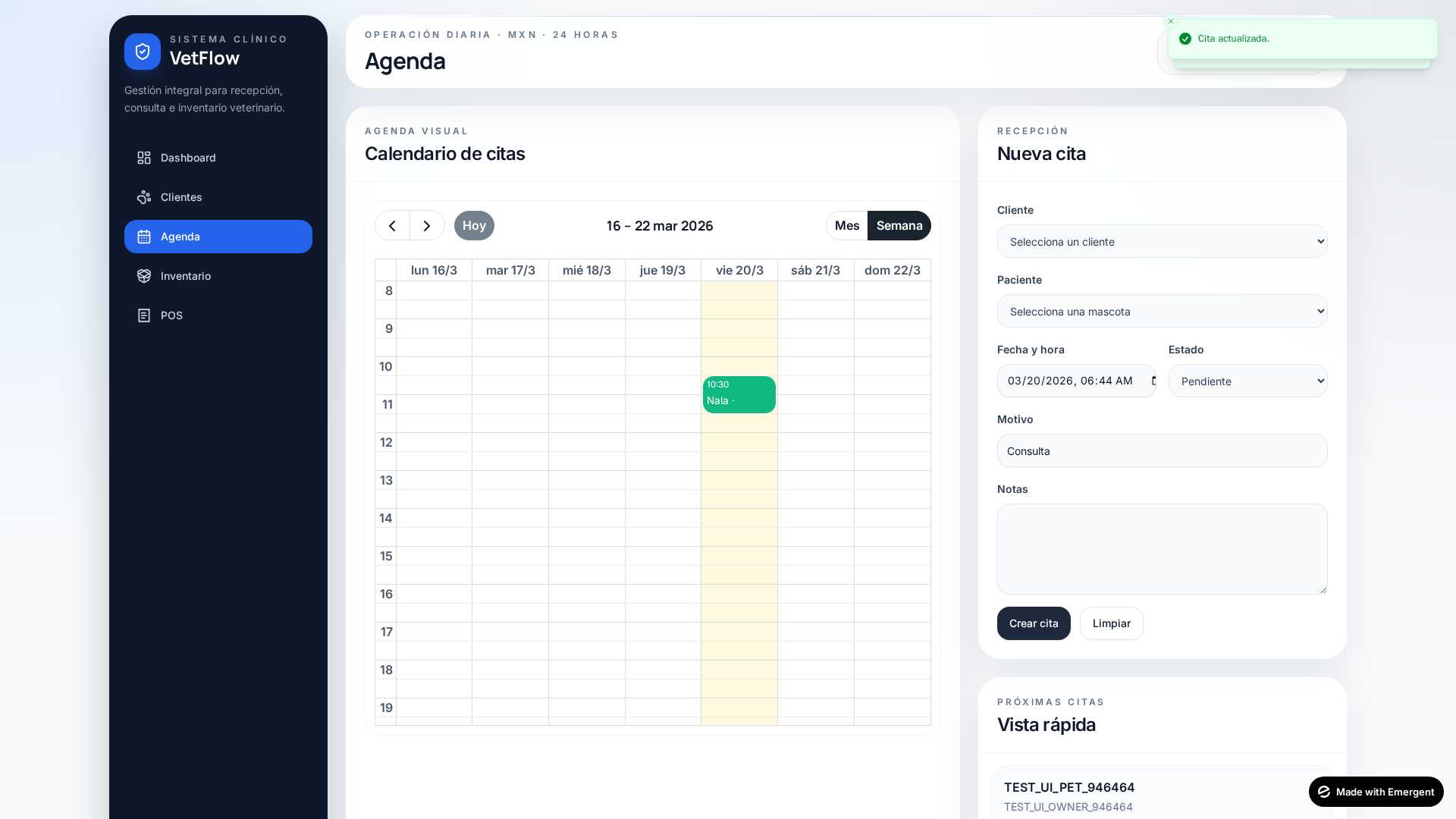 Agenda semanal de citas en VetFlow