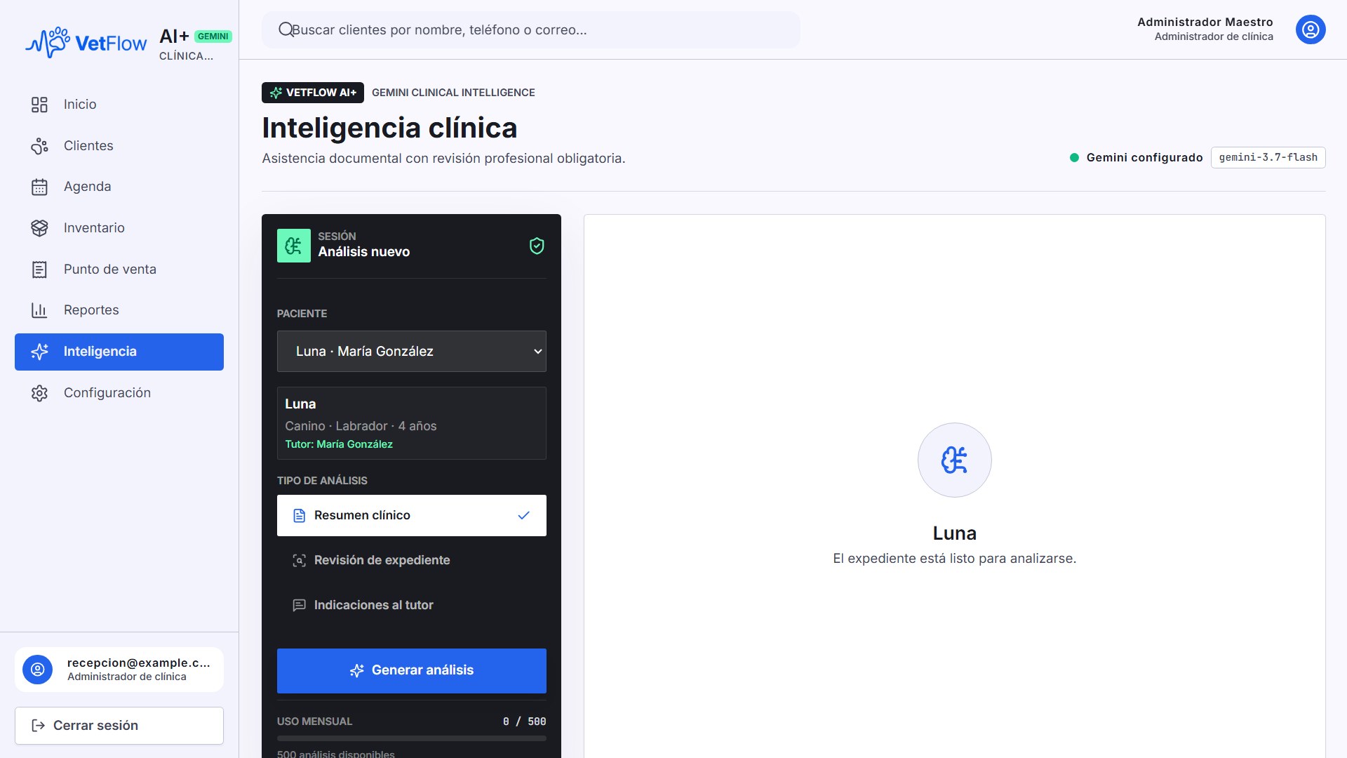 Pantalla de Inteligencia clínica de VetFlow AI+ con el expediente de un paciente listo para analizarse